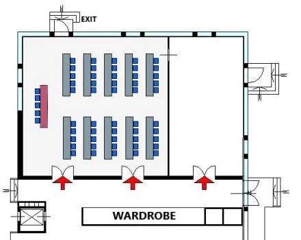 Floor plan of the Farnese room (modules A+B) with Classroom table arrangement