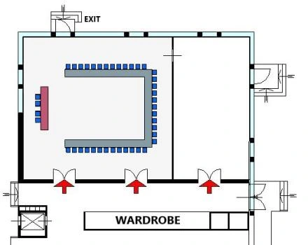 Floor plan of the Farnese room (modules A+B) with U-shape table arrangement
