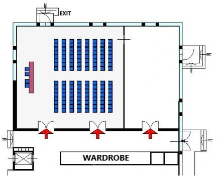 Floor plan of the Farnese room (modules A+B) with Classroom table arrangement