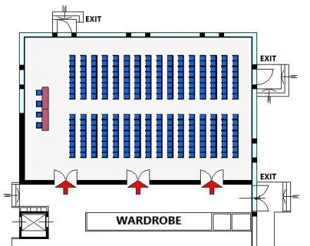 Floor plan of the Farnese room with three modules, showing tables arranged in a Theatre layout