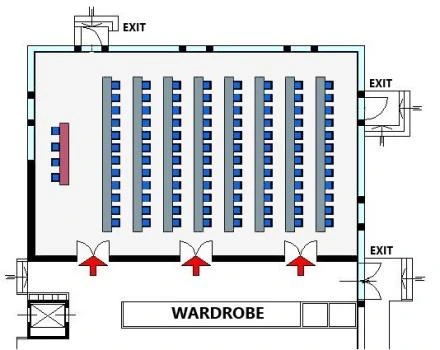 Floor plan of the Farnese room with three modules, showing tables arranged in a school‑style layout