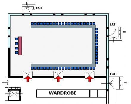 Floor plan of the Farnese room with three modules, showing tables arranged in a U-shape layout