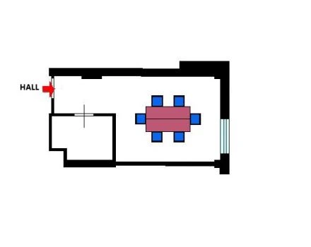 Floor plan of a rectangular room with entrance marked ‘HALL’ and a red arrow. In the center, a pink rectangular table with six blue chairs arranged around it. On the right side, a window represented by parallel line