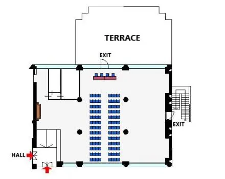 Floor plan of the Visconti room with theater-style table arrangement